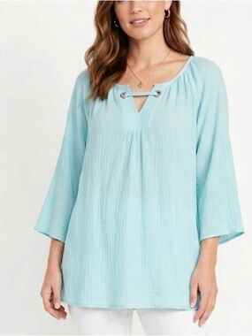 Stem & Vine Aqua Blue Crinkle Tunic Top Blouse Extra Large